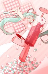  1girl ahoge arm_up blush buttons collar collared_dress commentary dress full_body green_eyes green_hair grin hat hat_ornament hatsune_miku histerrier holding holding_syringe jacket long_hair looking_at_viewer nurse nurse_cap open_clothes open_jacket outstretched_arm oversized_object pill pink_background pink_collar pink_jacket pink_sleeves pink_theme pocket project_diva project_diva_(series) puffy_short_sleeves puffy_sleeves short_dress short_sleeves simple_background smile solo symbol-only_commentary syringe twintails very_long_hair vocaloid white_dress white_hat x_hat_ornament 