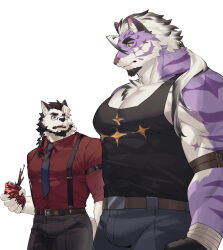  2boys animal_ears bandaged_hand bandages bara black_tank_top breast_envy bulge chest_tuft commission destroycode diamond_(shape) facial_hair forked_eyebrows front_ponytail furry furry_male goatee highres large_pectorals long_hair looking_at_another looking_at_pectorals looking_down male_focus meme multicolored_hair multiple_boys muscle_envy muscular muscular_male necktie original pectoral_cleavage girl_staring_at_guys_chest_(meme) pectorals ponytail purple_fur sadiend streaked_hair suspenders tank_top thick_eyebrows thick_thighs thighs tiger_boy tiger_ears white_hair yaoi yellow_eyes  rating:Sensitive score:1 user:danbooru