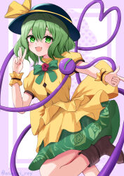  1girl :d absurdres adapted_costume asagiri_rey black_hat blush bow bright_pupils buttons colored_eyelashes commentary cowboy_shot diamond_button double-parted_bangs drop_shadow eyelashes floral_print flower green_bow green_eyes green_hair green_skirt hair_between_eyes hand_up happy hat hat_bow heart heart_background heart_of_string highres index_finger_raised koishi_day komeiji_koishi looking_at_viewer medium_hair neck_flower open_mouth outstretched_arm print_skirt puffy_short_sleeves puffy_sleeves purple_background red_flower red_rose rose rose_print shirt short_sleeves simple_background skirt smile solo standing standing_on_one_leg third_eye touhou tsurime twitter_username two-tone_background v white_background white_pupils wrist_cuffs yellow_bow yellow_shirt yellow_wrist_cuffs 