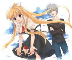  1boy 1girl :d air_(visual_novel) black_dress blonde_hair blue_eyes blush bow commentary_request cross cross_ornament crossed_arms denim doll dress feet_out_of_frame floating_hair grey_hair hair_between_eyes hair_bow hair_over_one_eye happy jeans kamio_misuzu kunisaki_yukito leaning_forward long_hair looking_at_another looking_down one_eye_covered open_hands open_mouth outstretched_arms pants ponytail puffy_short_sleeves puffy_sleeves sakura_emi school_uniform shirt short_hair short_sleeves sidelocks simple_background single_hair_intake sleeveless sleeveless_dress sleeves_past_wrists smile standing sweatdrop tareme very_long_hair white_background white_bow yellow_eyes yellow_shirt 