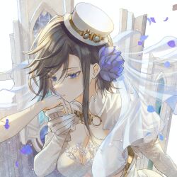  1girl 215324 absurdres architecture ark_royal_(azur_lane) ark_royal_(pure-white_protector)_(azur_lane) asymmetrical_hair azur_lane black_hair blue_eyes blue_flower blue_rose breasts bridal_veil bride cleavage cleavage_cutout clothing_cutout collared_dress disembodied_hand dress elbow_gloves falling_petals flower framed_breasts gloves gothic_architecture hair_flower hair_ornament hand_grab hat highres imminent_kiss kiss kissing_hand large_breasts medium_breasts messy_hair mini_hat official_alternate_costume parted_lips petals rose single_sidelock solo_focus top_hat translation_request veil wedding_dress white_dress white_hat 