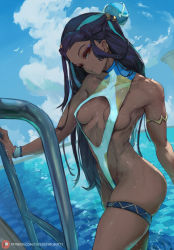 1girl areola_slip black_hair blue_eyes blue_hair breasts cleavage_cutout clothing_cutout creatures_(company) cutesexyrobutts dark-skinned_female dark_skin day game_freak hair_bun highres multicolored_hair nessa_(pokemon) nintendo one-piece_swimsuit outdoors pokemon pokemon_swsh pool poolside revealing_clothes sideboob single_hair_bun skindentation small_breasts solo swimsuit thick_thighs thigh_strap thighs very_dark_skin water watermark web_address wet wet_hair rating:Questionable score:211 user:danbooru