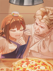  1boy 1girl absurdres apron blonde_hair brown_hair chainsaw_man chinese_text crying food food_on_head fruit gesture_request gordon_ramsay higashiyama_kobeni highres medium_hair nanachides object_on_head pepperoni pineapple pineapple_slice pizza ponytail pulling_at_clothes real_life tagme teeth translation_request veins  rating:General score:18 user:xxlalatina420xx