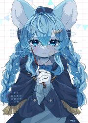  1girl absurdres ahoge animal_ears animal_nose artist_name bandaid bandaid_on_face bandaid_on_nose blue_bow blue_bowtie blue_capelet blue_eyes blue_hair blue_hat blue_sweater blue_theme blush bow bowtie braid capelet claws closed_mouth commentary crescent crescent_hair_ornament crossed_bangs eyelashes furry furry_female grid_background hair_between_eyes hair_ornament hat highres holding holding_wand looking_at_viewer meg_(115meg) original sidelocks solo star_(symbol) star_hair_ornament sweater symbol-only_commentary tassel twin_braids wand 