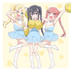  3girls :3 :d absurdres arm_up armpits arms_up black_hair blonde_hair blue_eyes blue_skirt blush border bright_pupils cheerleader commentary_request dot_nose fang flower full_body green_eyes hair_between_eyes hair_flower hair_ornament hairclip hand_on_own_hip hands_up happy heart heart_background highres himesaka_noa holding holding_pom_poms kneehighs leg_up long_hair looking_at_viewer looking_down miniskirt multiple_girls no_shoes one_eye_closed open_mouth outside_border pink_flower pom_pom_(cheerleading) pom_poms purple_eyes red_eyes red_hair shirosaki_hana shirt sidelocks skin_fang skirt sleeveless sleeveless_shirt smile socks standing standing_on_one_leg tanemura_koyori tareme thick_eyebrows tiptoes twintails v very_long_hair warukusu watashi_ni_tenshi_ga_maiorita! white_border white_pupils white_socks yellow_background 