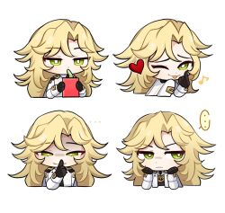  ... 1boy :3 ;p akanbe black_gloves black_necktie blonde_hair bright_pupils closed_mouth commentary cropped_torso curtained_hair drinking drinking_straw english_commentary evil_smile expressions eyelid_pull finger_to_eye finger_to_mouth gloves green_eyes half-closed_eyes heart highres honkai_(series) honkai_impact_3rd jacket juice_box long_hair long_sleeves looking_at_viewer male_focus multiple_views musical_note necktie one_eye_closed oversaltedcat shaded_face shirt simple_background smile spoken_ellipsis tongue tongue_out upper_body v-shaped_eyebrows void_archives_(honkai_impact) white_background white_jacket white_pupils white_shirt 