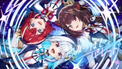 3girls absurdres album_cover ange_katrina animal_ears blue_eyes blue_hair brown_hair circle_formation cover dog_ears dog_girl fangs hair_ornament hairclip highres inui_toko lize_helesta long_hair multicolored_hair multiple_girls nijisanji ninahachi official_art open_mouth purple_eyes red_eyes red_hair sanbaka_(nijisanji) sanbaka_anniversary_outfit smile streaked_hair virtual_youtuber white_hair yellow_eyes