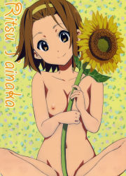  1girl breasts brown_eyes brown_hair female_focus flower hairband highres indian_style k-on! medium_breasts nipples nude nude_filter official_art_nude_filter official_style sitting smile solo sunflower tainaka_ritsu text_focus third-party_edit tomboy  rating:Questionable score:61 user:sytalidis
