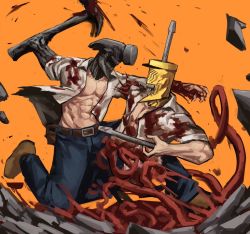  2boys battle belt blood brown_belt brown_footwear chainsaw_man commentary demon_boy drill drill_hand english_commentary english_text fighting hammer holding holding_nail intestines multiple_boys nail no_eyes open_clothes open_mouth open_shirt orange_background original perry_bible_fellowship redrawn shirt shoes single_hand slapknutts sleeves_rolled_up speech_bubble suspenders teeth utility_belt white_shirt  rating:General score:7 user:danbooru