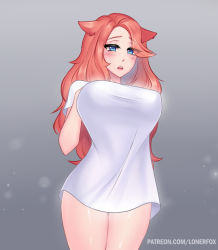 animal_ears blue_eyes breasts fox_ears large_breasts loner_fox naked_shirt shirt tagme white_shirt rating:Questionable score:6 user:Mcgregar