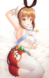 1girl :d absurdres arm_behind_head arm_up armpits ass atelier_(series) atelier_ryza atelier_ryza_1 bare_shoulders bed_sheet belt beret black_ribbon blush breasts brown_eyes brown_hair feet_out_of_frame flask hair_ornament hairclip hat hat_ribbon highres jewelry kotomaru_(sirouko9511) lying medium_breasts midriff necklace on_bed on_side open_mouth red_shorts reisalin_stout ribbon round-bottom_flask round_teeth shirt short_hair short_shorts shorts sideboob skindentation sleeveless sleeveless_shirt smile solo sparkle star_(symbol) star_necklace teeth thighhighs upper_teeth_only white_hat white_thighhighs rating:Sensitive score:5 user:danbooru
