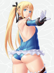 1girl arm_at_side armpits ass back backless_outfit bare_back bare_shoulders black_gloves black_ribbon blonde_hair blue_eyes blue_leotard blue_one-piece_swimsuit blue_thighhighs breasts colored_eyelashes cowboy_shot cross-laced_clothes dead_or_alive dead_or_alive_5 detached_sleeves floral_background flower foreshortening frilled_thighhighs frills from_side gloves grey_background grin hair_ornament hair_ribbon hairclip halterneck highres leotard lips long_hair looking_at_viewer looking_back marie_rose masato_(mk) name_connection o-ring one-piece_swimsuit outstretched_arm parted_bangs ribbed_leotard ribbon rose shiny_clothes sideboob sidelocks small_breasts smile solo standing stitches swimsuit thighhighs thighs turtleneck twintails very_long_hair white_gloves x_hair_ornament rating:Sensitive score:86 user:danbooru