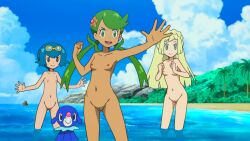  3girls blonde_hair blue_eyes blue_hair breasts cleft_of_venus completely_nude creatures_(company) game_freak gen_7_pokemon green_eyes green_hair lana_(pokemon) lillie_(pokemon) loli mallow_(pokemon) matching_hair/eyes multiple_girls nintendo nipples nude nude_filter outdoors pokemon pokemon_(anime) pokemon_sm_(anime) popplio public_indecency pussy small_breasts tagme third-party_edit 
