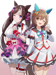  2girls alternate_costume alternate_hairstyle animal_ears beret breasts brown_eyes brown_hair collarbone commentary_request cosplay costume_switch gloves hair_between_eyes hair_ornament hat highres hokko_tarumae_(umamusume) horse_ears horse_girl horse_tail kuze_kaname large_breasts long_braid long_hair looking_at_viewer medium_breasts multiple_girls one_eye_closed open_mouth ribbon simple_background smart_falcon_(umamusume) smile tail thighhighs twintails umamusume 