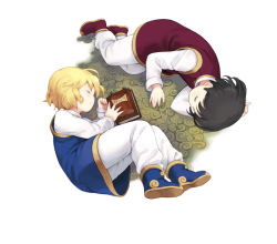  2boys aged_down ankle_boots arm_pillow blonde_hair blue_footwear blue_tunic book bookmark boots brown_hair child closed_eyes closed_mouth comet_(teamon) commentary from_above full_body hunter_x_hunter kurapika long_sleeves lying male_focus multiple_boys on_ground on_side pairo pants red_footwear red_tunic shirt shoe_soles sleeping symmetrical_pose upside-down white_background white_pants white_shirt 