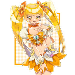  1girl absurdres blonde_hair bow bowtie brooch choker commentary cowboy_shot cropped_shirt cure_sunshine earrings hair_ribbon heart heart_brooch heartcatch_precure! highres jewelry long_hair looking_at_viewer magical_girl midriff minaramuda miniskirt myoudouin_itsuki navel open_mouth orange_bow orange_bowtie orange_choker orange_ribbon orange_skirt pouch precure puffy_short_sleeves puffy_sleeves ribbon shirt short_sleeves skirt smile solo standing symbol-only_commentary twintails very_long_hair white_shirt yellow_eyes 