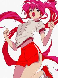  1990s_(style) 1girl :d bouncing_breasts breasts clenched_hand dolphin_shorts film_grain floating_hair hands_up happy high_ponytail highres knee_up legs_together long_hair looking_at_viewer medium_breasts midriff_peek open_mouth original pink_hair ponytail red_eyes red_footwear red_shorts red_trim retro_artstyle shirt shoes short_shorts short_sleeves shorts simple_background smile sneakers solo split_ponytail standing standing_on_one_leg swept_bangs three_quarter_view triangle_mouth v very_long_hair white_background white_shirt yo-co 