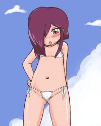  1girl bare_arms bare_shoulders bikini blue_sky blush cameltoe cloud collarbone day female_focus flat_chest from_below gluteal_fold hair_over_one_eye highres loli long_hair looking_at_viewer looking_down minamoto_(nijie1466) navel open_mouth outdoors palus_abel purple_hair side-tie_bikini_bottom sky solo standing sweat swimsuit white_bikini yuusha_ou_gaogaigar yuusha_series 
