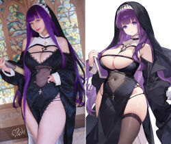  2girls art_vs_artist black_dress book breasts cosplay cosplay_photo covered_navel cross dress feet_out_of_frame fern_(sousou_no_frieren) habit highres holding holding_book large_breasts long_hair looking_at_viewer machi_(7769) multiple_girls nun parted_lips pelvic_curtain photo_(medium) purple_eyes purple_hair purple_nails side_slit simple_background skindentation sousou_no_frieren thick_thighs thighhighs thighs very_long_hair white_background wide_hips 