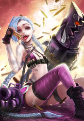  1girl :d bikini bikini_top_only blue_hair boots braid bullet cutoffs dated female_focus fingerless_gloves flat_chest food glint gloves goomrrat hairline highres jewelry jinx_(league_of_legends) league_of_legends long_hair looking_at_viewer necklace open_mouth pink_eyes purple_bikini purple_thighhighs sandwich shell_casing short_shorts shorts signature single_thighhigh sitting smile solo sparkle swept_bangs swimsuit tattoo tears thigh_strap thighhighs tongue tongue_out twin_braids very_long_hair weapon  rating:Sensitive score:33 user:twilight_jester