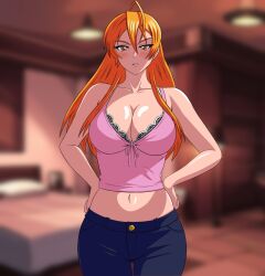1girl bedroom blush breasts highschool_of_the_dead large_breasts long_hair looking_at_viewer miyamoto_rei orange_hair solo yeezusdraw