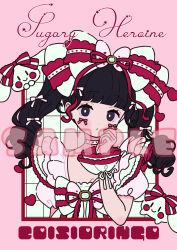  1girl absurdres black_eyes black_hair blunt_bangs bow commentary_request copyright_request grid_background hair_bow hand_up highres long_hair neki_(wakiko) parted_lips pink_background pink_bow pink_shirt puffy_short_sleeves puffy_sleeves ringlets sample_watermark shirt short_sleeves solo striped_bow twintails upper_body watermark white_bow wrist_cuffs 