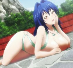 1girl arm_support bare_shoulders bikini blue_hair blush breast_rest breasts brown_eyes clothing_aside collarbone dutch_angle female_focus fence fingernails hair_between_eyes hair_intakes head_rest head_tilt jewelry large_breasts legs long_fingernails long_hair looking_at_viewer lying maken-ki! navel nijou_aki o-ring o-ring_bikini o-ring_bottom on_ground open_mouth outdoors pendant rock screencap shiny_skin sky slingshot_swimsuit smile solo stitched sweat swimsuit swimsuit_aside takami_akio thighs third-party_edit tree rating:Questionable score:77 user:vincaddo