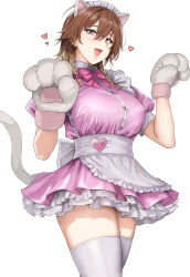  1girl :d aketa_mikoto animal_ears animal_hands apron braid breasts brown_eyes brown_hair cat_ears cat_tail collared_dress commentary_request dress fake_animal_ears fake_tail gloves gradient_eyes gradient_hair hair_between_eyes heart highres idolmaster idolmaster_shiny_colors large_breasts light_brown_hair long_hair looking_at_viewer maid_apron maid_headdress multicolored_eyes multicolored_hair open_mouth paw_gloves paw_pose pink_dress puffy_short_sleeves puffy_sleeves short_sleeves simple_background smile solo tail thighhighs tsurui twin_braids white_background white_thighhighs 