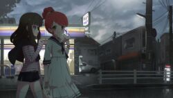  2girls bag baozi black_shorts blue_eyes brown_hair building car city convenience_store dress food food_wrapper hand_up highres holding holding_bag holding_food kurosu_aroma long_hair long_sleeves looking_at_another motor_vehicle multiple_girls open_mouth outdoors ponytail power_lines pretty_series pripara red_hair road road_sign ruru_ashihara sailor_dress shiratama_mikan shirt shop shopping_bag short_hair shorts sign sky smile standing street striped_clothes striped_shirt third-party_source utility_pole white_dress yellow_eyes 