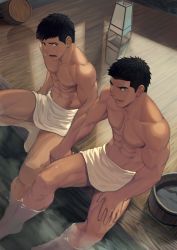  2boys abs basin black_hair brown_eyes collarbone dgls dutch_angle from_above holding_hands hand_on_own_thigh looking_at_another male_focus multiple_boys muscular naked_towel navel onsen original pectorals smile sweatdrop towel 