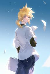  1boy aged_down backlighting black_shirt blonde_hair blue_eyes blue_pants blue_sky bright_pupils chinese_commentary cloud_strife cuntouxiaoyeju day drawing_(object) final_fantasy final_fantasy_vii flying_paper highres holding holding_drawing holding_paper holding_sketchbook layered_sleeves long_hair long_sleeves looking_back low_ponytail male_focus outdoors pants paper parted_lips shirt sketchbook sky solo spiked_hair t-shirt upper_body white_shirt wind 
