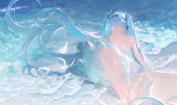  1girl arm_tattoo bare_legs bare_shoulders barefoot beach blue_hair blurry blurry_foreground closed_eyes closed_mouth collarbone day dress floating_clothes floating_hair hair_between_eyes hatsune_miku headphones knee_up legs long_hair number_tattoo ocean outdoors sidelocks sitting smile spaghetti_strap tattoo twintails very_long_hair vocaloid waves white_dress wind wusubamineko 