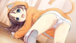  1girl all_fours animal_costume animal_ears animal_hood bent_over blue_eyes blue_hair blush brown_hair cameltoe cat_costume cat_ears cat_tail cleft_of_venus cura d: from_behind hood indoors loli long_hair looking_at_viewer looking_back monobeno on_floor open_mouth panties pantyshot sawai_natsuha solo tail thighs underwear white_panties  rating:Questionable score:104 user:Outpact