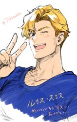  1boy blonde_hair blue_eyes blue_shirt character_name cropped_shoulders facial_hair highres kamabokotr king lewis_smith light_blush looking_at_viewer male_focus one_eye_closed shirt short_hair sideburns_stubble simple_background sketch solo stubble translation_request twitter_username v white_background yuuki_bakuhatsu_bang_bravern 