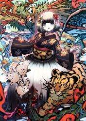  1girl :o animal black_dress black_hair black_kimono blue_eyes colored_tips commentary_request dragon dress eastern_dragon feet_out_of_frame fine_art_parody flower hair_flower hair_ornament hands_up highres ink japanese_clothes kimono long_sleeves looking_at_viewer minksama multicolored_hair nihonga open_mouth original parody personification rabbit solo standing tiger two-tone_hair ukiyo-e white_hair wide_sleeves 