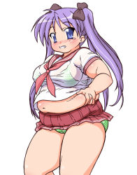  1girl artist_request belly blue_eyes blush breasts clenched_teeth fat hiiragi_kagami long_hair lucky_star medium_breasts panties purple_hair school_uniform see-through serafuku solo striped_clothes striped_panties tears teeth thighs twintails underwear  rating:Questionable score:24 user:ragoh