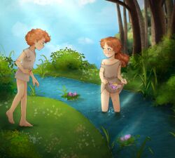  1boy 1girl bare_shoulders barefoot blush bottomless commentary commission day english_commentary flower flower_basket full_body green_eyes grey_tunic hetero highres hoesmadder in_water light_smile long_hair looking_at_another off_shoulder on_grass original outdoors partially_submerged red_hair river scenery second-party_source short_hair short_sleeves tree tunic water  rating:Sensitive score:53 user:danbooru