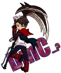  1boy black_hair capcom chibi cigarette coat dante_(dmc:_devil_may_cry) devil_may_cry devil_may_cry_(series) dmc:_devil_may_cry dual_wielding flag glaring gun holding jacket male_focus multicolored_hair open_clothes open_jacket red_eyes scythe solo trench_coat two-tone_hair weapon white_hair  rating:Sensitive score:20 user:roger_smith