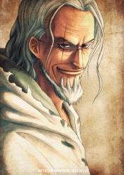  1boy beard brown_eyes dated facial_hair glasses k-suwabe male_focus one_piece scar silvers_rayleigh smile solo white_hair  rating:Sensitive score:21 user:LAR.