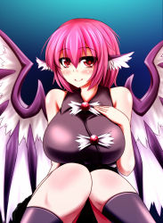  1girl alternate_breast_size animal_ears bare_shoulders bird_wings blush breasts hand_on_own_chest highres large_breasts looking_at_viewer mystia_lorelei no_headwear aged_up parmiria pink_eyes pink_hair shirt sitting sleeveless sleeveless_shirt smile solo touhou wings  rating:Sensitive score:17 user:danbooru