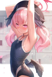  1girl absurdres alternate_costume armpits arms_up beret black_headwear black_one-piece_swimsuit black_wings blue_archive blurry blurry_background breasts commentary_request feathered_wings halo hat head_wings highres koharu_(blue_archive) locker looking_at_viewer low_wings milk_box_(leoleo963852741) one-piece_swimsuit pink_eyes pink_halo school_swimsuit small_breasts solo swimsuit trinity_general_school_swimsuit twintails upper_body wings 