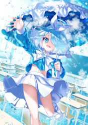 1girl :d arona_(blue_archive) blue_archive blue_eyes blue_hair blue_shirt chair coat commentary_request cu-rim desk feet_out_of_frame frilled_umbrella frills hair_over_one_eye hair_ribbon hairband highres holding holding_umbrella indoors looking_at_viewer multicolored_hair navel open_mouth pink_hair pleated_skirt ribbon sailor_collar school_chair school_desk shirt shoes skirt smile solo standing standing_on_one_leg streaked_hair two-tone_hair umbrella water white_coat white_footwear white_hairband white_ribbon white_sailor_collar white_skirt white_umbrella 