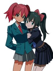  2girls :3 aqua_jacket arm_hug azumaya_koyuki bending betti_(xx_betti) black_hair black_jacket black_skirt bow breasts brown_eyes collared_shirt cowboy_shot dot_nose double-parted_bangs double_arm_hug green_eyes grey_skirt hair_between_eyes hair_bow highres hinata_natsumi jacket keroro_gunsou lapels layered_clothes leaning_on_person long_hair long_sleeves looking_at_viewer miniskirt multiple_girls necktie pleated_skirt ponytail red_bow red_hair red_necktie sailor_collar school_uniform shade shirt short_hair short_twintails side-by-side simple_background skirt small_breasts smile split_mouth standing twintails white_background white_shirt 