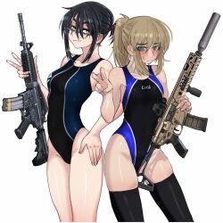  2girls black_hair black_one-piece_swimsuit black_thighhighs blue_eyes breasts brown_eyes cb_(c-board) clothes_writing competition_swimsuit glasses gun highres holding holding_gun holding_weapon long_hair medium_breasts multiple_girls one-piece_swimsuit original ponytail red_eyes rifle short_hair simple_background small_breasts swimsuit thighhighs two-tone_swimsuit weapon weapon_request white_background 