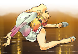1girl arched_back bad_anatomy bad_hands ballet_slippers bare_legs blonde_hair blue_eyes bow contortion flat_chest flexible from_side full_body gradient_background gymnastics hair_bow half-soles highres jikken_shirou leotard loli looking_up minori_kenshirou on_floor original plantar_flexion poorly_drawn short_twintails soles solo spread_legs stretching thighs toe_scrunch twintails white_leotard wooden_floor rating:Questionable score:93 user:danbooru