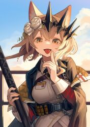  1girl :p absurdres ammunition animal_ear_fluff animal_ears arknights belt black_tiara blonde_hair blue_sky breasts cat_ears cloud collared_shirt commentary_request crossed_bangs finger_to_cheek flower green_eyes hair_flower hair_ornament highres holding holding_staff id_card jacket looking_at_viewer medium_breasts outdoors shirt short_hair sky smile solo staff tiara tongue tongue_out upper_body vendela_(arknights) welt_(kinsei_koutenkyoku) white_flower white_shirt yellow_jacket 