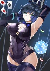 1girl absurdres ace_(playing_card) ace_of_hearts ace_of_spades animal_ears armpits black_gloves blue_hair blunt_bangs bob_cut bow bowtie bracelet breasts chips_(food) cleavage covered_navel cowboy_shot curvy diagonal_bangs dice elbow_gloves eyelashes fake_animal_ears fake_tail fishnets food genshin_impact gloves green_eyes heart highres jewelry large_breasts leotard looking_at_viewer playboy_bunny playing_card poker_chip rabbit_tail solo spade_(shape) tail thighhighs tian_kazuki traditional_bowtie wide_hips yelan_(genshin_impact) rating:Sensitive score:30 user:danbooru