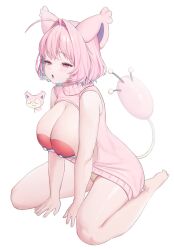  1girl absurdres ahoge animal_ears aqua_hair backwards_virgin_killer_sweater bare_arms bare_legs barefoot bob_cut breasts cat_ears cat_girl cat_tail cleavage closed_eyes colored_inner_hair commentary cosplay covered_erect_nipples creatures_(company) feet fingernails frown game_freak gen_3_pokemon hair_intakes highres idolmaster idolmaster_cinderella_girls idolmaster_cinderella_girls_starlight_stage korean_commentary large_breasts leaning_forward legs light_blush medium_hair meme_attire multicolored_hair narrowed_eyes nintendo open_mouth p00nipooni panties pasties pink_eyes pink_hair pink_sweater pink_tail pink_theme poke_ball poke_ball_(basic) poke_ball_print pokemon simple_background sitting skitty skitty_(cosplay) sleeveless sleeveless_sweater solo sweater tail teeth thighs toes tongue tongue_out turtleneck turtleneck_sweater two-tone_hair underwear upper_teeth_only virgin_killer_sweater wariza white_background yellow_panties yumemi_riamu 