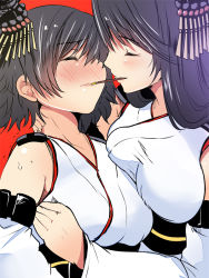 black_hair breasts detached_sleeves closed_eyes food fusou_(kancolle) hair_ornament kantai_collection long_hair maki_(seventh_heaven_maxion) medium_breasts pocky pocky_day pocky_kiss red_background shared_food short_hair siblings sisters yamashiro_(kancolle) rating:Sensitive score:8 user:danbooru