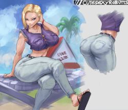 1girl android_18 arched_back ass belt blouse blue_eyes bracelet breasts cleavage collarbone curvy cutesexyrobutts denim dragon_ball dragonball_z female_focus highres hip_focus huge_ass jeans jewelry kame_house large_breasts leaning_forward midriff navel pants purple_shirt sandals shirt signature sitting solo stomach thick_thighs thighs rating:Questionable score:153 user:danbooru